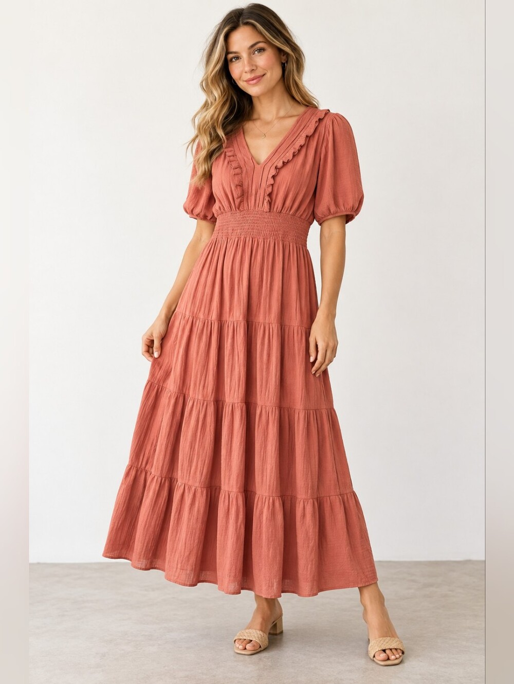 Kings Road Rust Tiered Maxi Dress Puff Sleeve Ruffle V Neck Size M